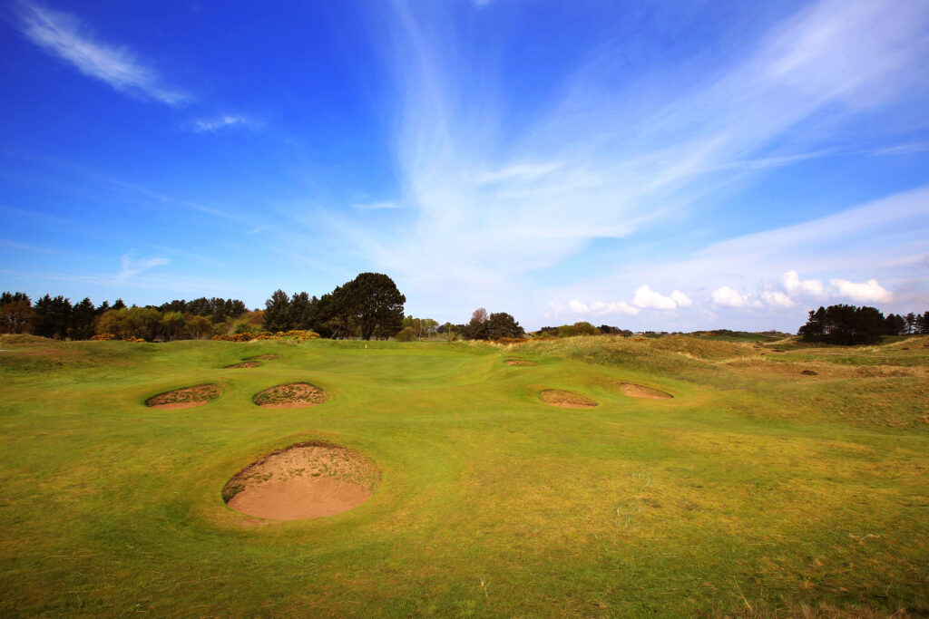 Hole with bunkers with trees in distance at Southport & Ainsdale