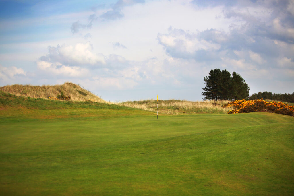 Hole with yellow flag at Southport & Ainsdale with trees in distance