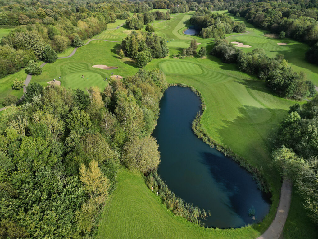 Aerial view of lakes on fairway at Worsley Park Golf Course