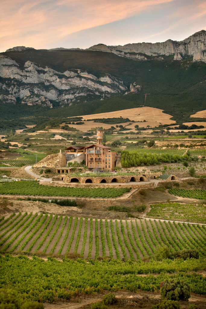 Exterior of Hotel Eguren-UGarte with view of vineyards and mountains