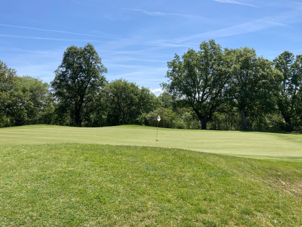 Hole with white flag and trees in background at Rioja Alta Golf Club