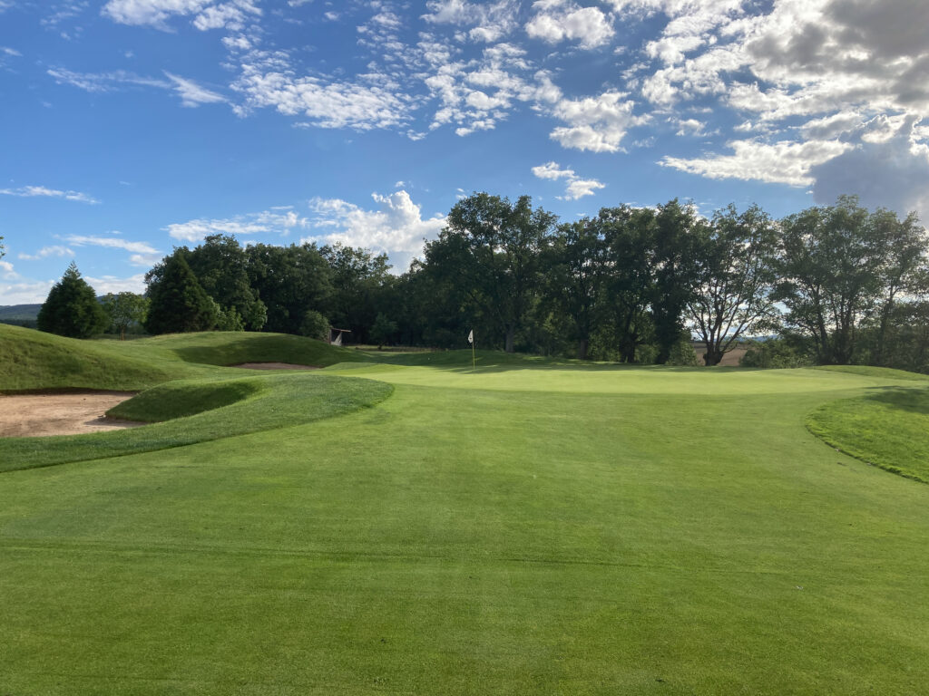 Fairway leading to hole with white flag at Rioja Alta Golf Club with trees in background