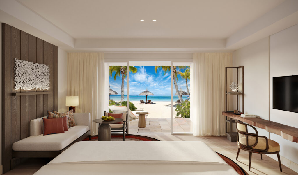 Double bed accommodation at Shangri-La Le Touessrok with beach view